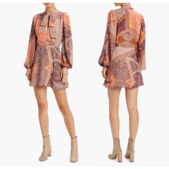 Divine Heritage Mini Dress Orchid Floral Paisley Print Tie Neck Size Small - Picture 4 of 16